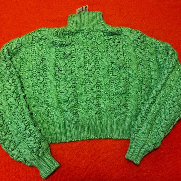 Zara green oversized cable-knit chunky sweater with pearls NWT - Picture 8 of 9